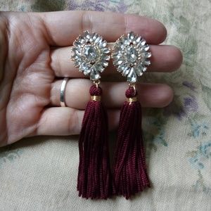 Vintage Rhinestone Burgundy Tassel Fringe Earrings